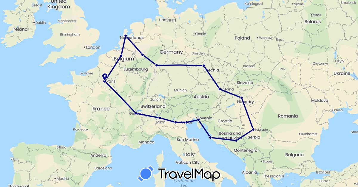 TravelMap itinerary: driving in Austria, Bosnia and Herzegovina, Belgium, Switzerland, Czech Republic, Germany, France, Croatia, Hungary, Italy, Netherlands, Serbia (Europe)
